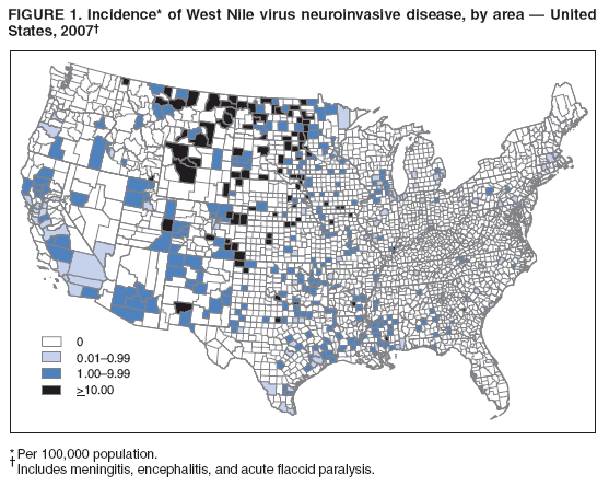 FIGURE 1. Incidence* of West Nile virus neuroinvasive disease, by area — United
States, 2007†