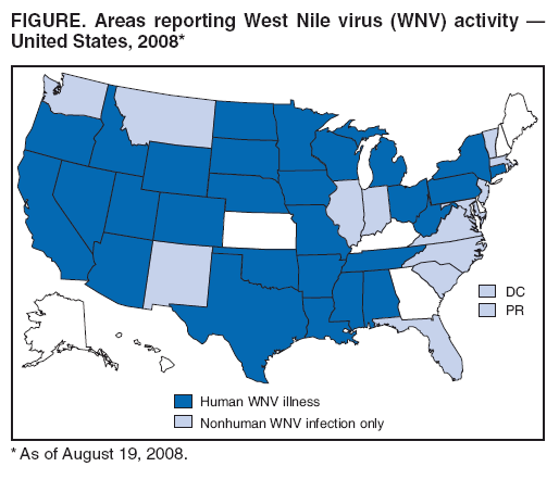 FIGURE. Areas reporting West Nile virus (WNV) activity —
United States, 2008*