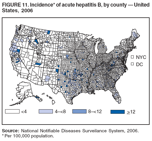 FIGURE 11. Incidence* of acute hepatitis B, by county — United
States, 2006
