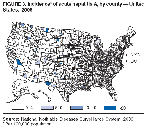 FIGURE 3. Incidence* of acute hepatitis A, by county — United
States, 2006