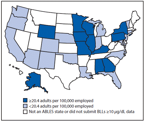 The figure shows a map of the United States indicating the prevalence rate per 100,000 employed persons aged â¥16 years of elevated blood lead levels â¥10 μg/dL for 2013 in the 28 states that participated in the State Adult Blood Lead Epidemiology and Surveillance programs. Results varied by state. The national rate in 2012 was 22.5 cases per 100,000 employed adults aged â¥16 years.