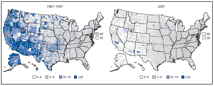 The figure shows two maps of the United States divided into counties. The left-hand map shows the rate per 100,000 population of reported acute hepatitis A cases during 1987â1997 (in the pre-vaccine era) and the right-hand map shows the average annual incidence of reported acute hepatitis A cases for 2007. Both maps use data from the National Notifiable Diseases Surveillance System.