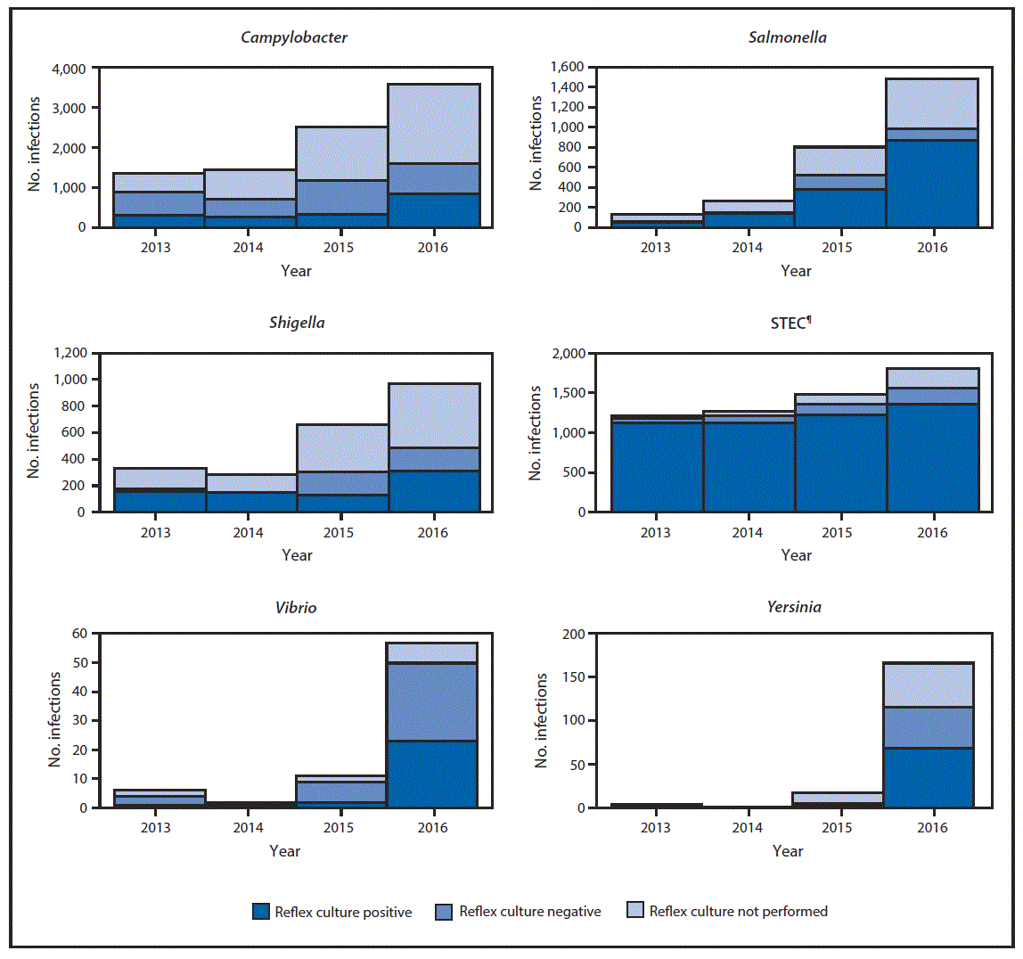 The figure above is a group of bar charts showing the number of infections with positive culture-independent diagnostic test results for six pathogens (Campylobacter, Salmonella, Shigella, Shiga toxinâproducing Escherichia coli, Vibrio, and Yersinia), by year and culture status, which were reported to FoodNet, from 10 U.S. sites from 2013 to 2016.