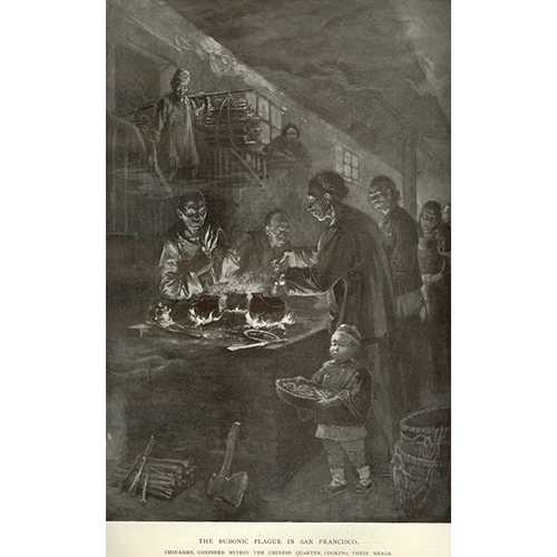 Harper’s Weekly magazine - Illustration, June, 1900, with caption, “Chinamen confined in their quarters cooking their meals” - A case of bubonic plague contracted by a Chinese man in San Francisco in 1900 resulted in a Board of Health order of a year-long quarantine of Chinatown. Critics, both Chinese and white, questioned the Board’s strategy of dividing the contaminated from the uncontaminated along racial lines, with no scientific evidence to support these policies.
