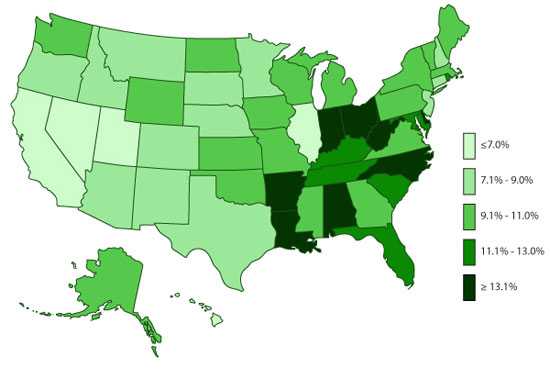Percent of Youth 4-17 Ever Diagnosed with Attention-Deficit/Hyperactivity Disorder by State: National Survey of Children's Health, 2007-2008