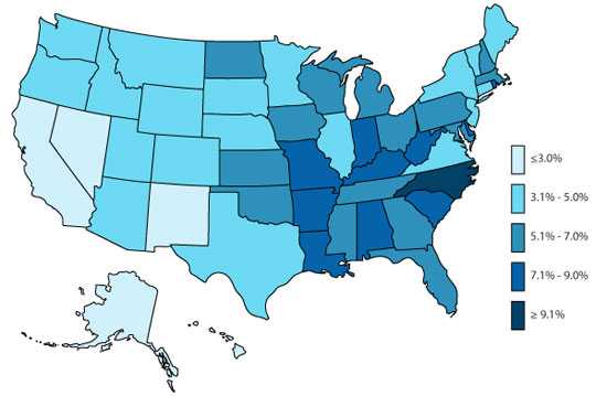 U.S. Map, ADHD, Overall Medicated, 2007