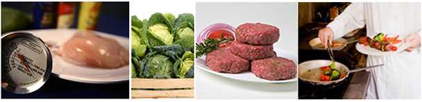 Photo collage: raw chicken with a thermometer, bin of heads of lettuce, raw beef patties on plate and a food worker preparing food.
