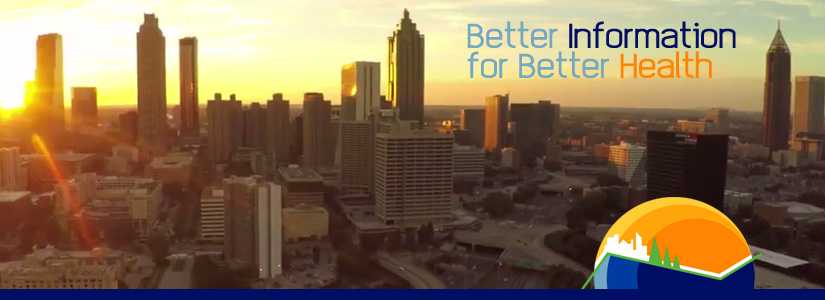 Sunsetting over cityscape with skyscrapers. Text; 