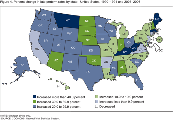 Figure 4. Percent change in late preterm birth rates by state of residence of mother in the United States for combined years 1990-1991 and 2005-2006.