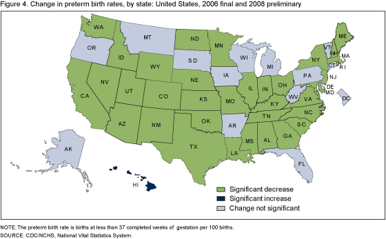 Figure 4 shows changes in preterm birth rates by state: United States, 2006 (final data) and 2008 (preliminary data)
