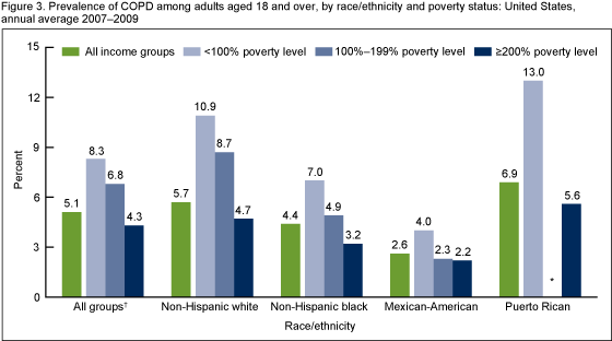 Figure 3 is a bar graph showing the annual average prevalence of chronic obstructive pulmonary disease among adults aged 18 and over, by race and ethnic group and poverty status, for the 3-year period 2007 to 2009.