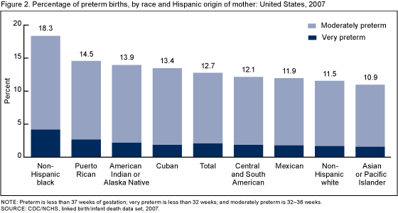 Figure 2 is a bar chart showing the percentage of preterm births by race and ethnicity for 2007.