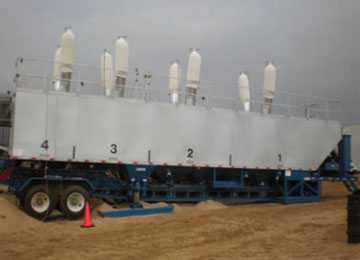 NIOSH mini-baghouse assemblies installed on eight thief hatches atop a sand mover during filling operations.