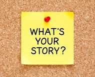 Stickie note, Whats Your Story?, pinned to bulletin board