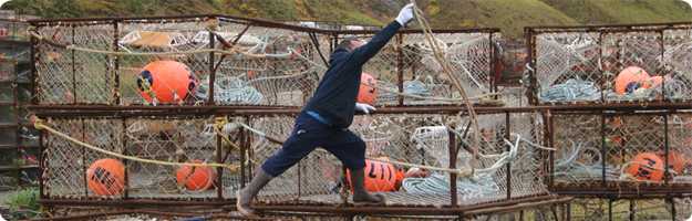 A commercial crab fisherman reaches for a swinging line while working on a stack of crab pots in Dutch Harbor, AK.