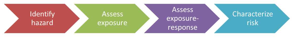 	Four chevrons facing right, each pointing into the next. Each chevron has the text identifying a step. 1 - Identify Hazard, 2 - Assess exposure, 3 - assess exposure response, 4 - Characterize risk