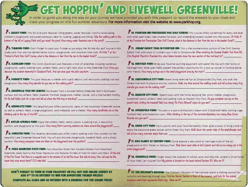 	The Park Hop passport (back) used by children and adolescents to answer questions posed by clues placed in parks in Greenville County, South Carolina, 2014.