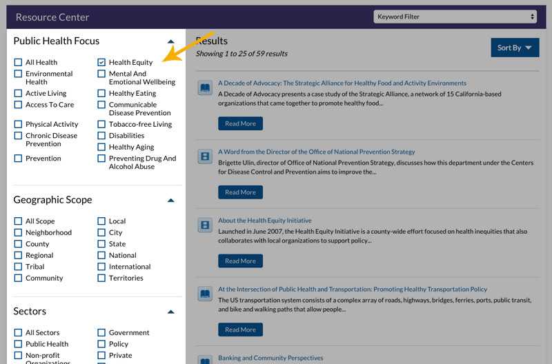 On the homepage, use the checkbox filters in categories ‘Public Health Focus’, ‘Geographic Scope’ and ‘Sectors’ to narrow the resource results.
