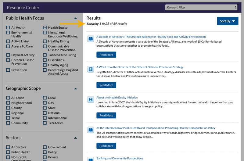 Resource results will appear after the filters, There is also an option to sort resources by ‘type’ or ‘title’.
