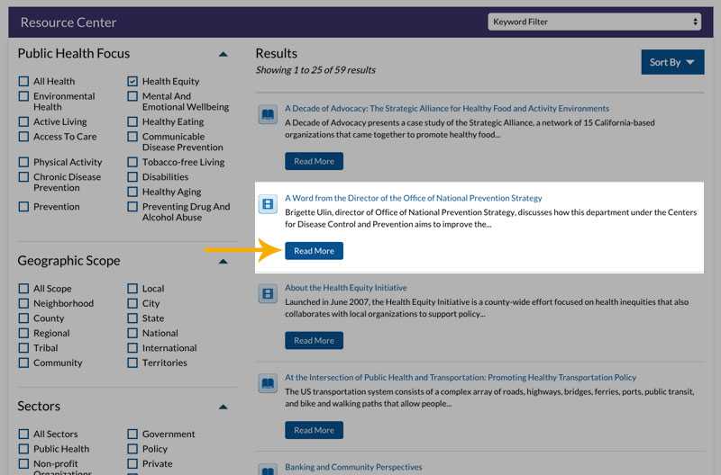 Each resource listing includes an icon that describes what type of media it is, a title, description and a ‘Read More’ link which links to the full resource page.