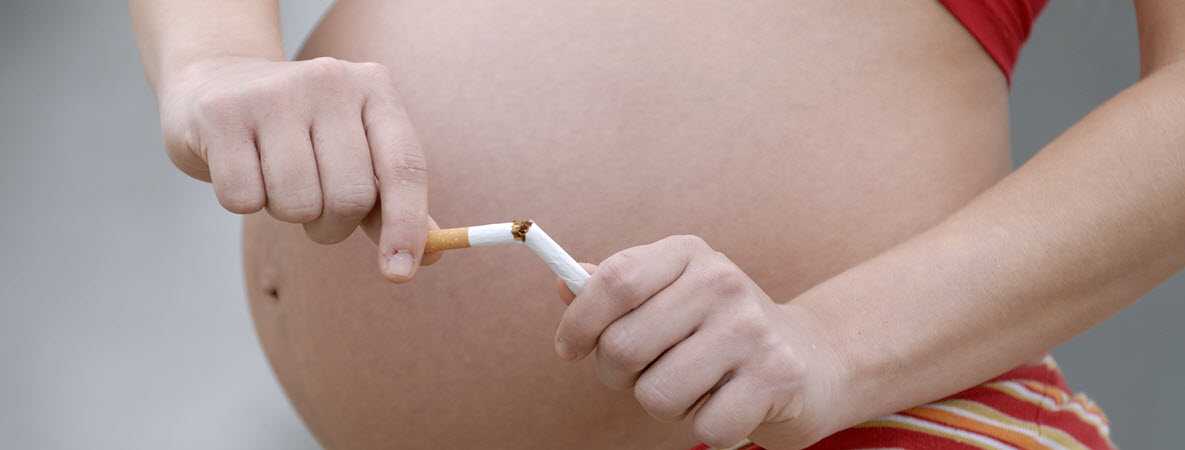 image of a pregnant woman's belly and her hands breaking a cigarette in half.