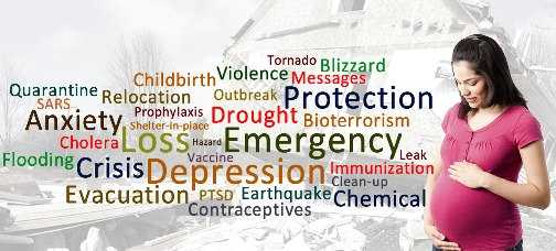 a pregnant woman with imergency-related vocabulary surrounding her.