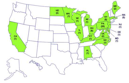 Map of persons infected with the outbreak strain of Salmonella Schwarzengrund, by state of residence, as of September 4, 2007 (n=62). As of September 4, 2007, 62 persons infected with the same strain of <em>Salmonella</em> Schwarzengrund have been reported to CDC from 18 states: Pennsylvania (26 cases), New York (8 cases), Ohio (6 cases), Massachusetts (5 cases), Maine (2 cases), North Dakota (2 cases), Virginia (2 cases), Alabama (1 case), California (1 case), Delaware (1 case), Illinois (1 case), Kentucky (1 case), Maryland (1 case), Michigan (1 case), Minnesota (1 case), New Jersey (1 case), North Carolina (1 case), and Wisconsin (1 case).