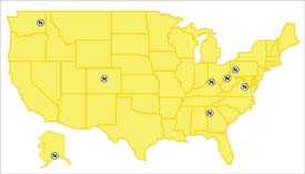 Mapa de los Estados Unidos con las oficinas de NIOSH resaltadas.