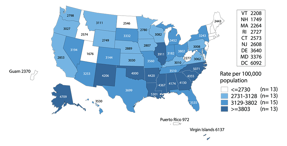 Figure H. United States map showing rates of reported cases of chlamydia among women aged 15 to 24 years in 2015 by state and outlying areas (Guam, Puerto Rico, and Virgin Islands).
