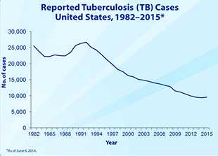 A total of 9,557 TB cases (a rate of 3.0 cases per 100,000 persons) were reported in the United States in 2015. This represents a 1.6% increase in the number of TB cases compared to cases reported in 2014. Twenty-seven states and the District of Columbia (DC) each reported an increase in TB cases from 2014. Despite the increase in the number of cases, the TB incidence rate per 100,000 persons has remained relatively stable at approximately 3.0 since 2013.