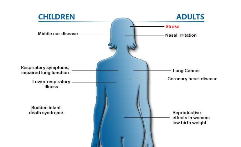 Diagram showing the effects of secondhand smoke. In children: Middle ear disease, respiratory symptoms, impaired lung function, Lower respiratory illness, sudden infant death syndrome. In Adults: Stroke, nasal irritation, lung cancer, coronary heart disease, reproductive effects in women; low birth weight