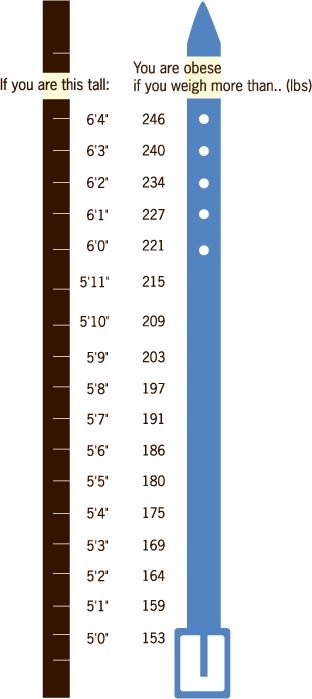 Obesity Table: You are obese if you are this tall, and weigh more than: 6’4” – 246lbs. 6’3” – 240lbs. 6’2” – 234lbs. 6’1” – 227lbs. 6’0” – 221lbs. 5’11” – 215lbs. 5’10” – 209lbs. 5’9” – 203lbs. 5’8” – 197lbs. 5’7” – 191lbs. 5’6” – 186lbs. 5’5” – 180lbs. 5’4” – 175lbs. 5’3” – 169lbs. 5’2” – 164lbs. 5’1” – 159lbs. 5’0” – 153lbs.