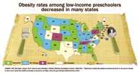 Map of States and Territories: Obesity rates among low-income preschoolers decreased in many states.