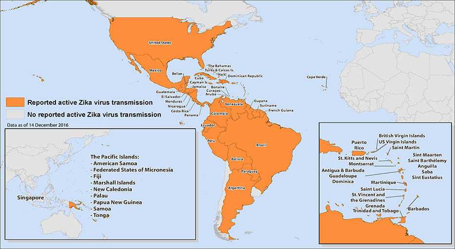 World map showing countries and territories with reported active transmission of Zika virus. Countries are listed in the table below.