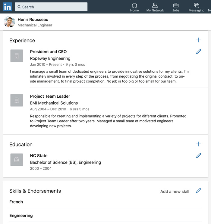 A screenshot of a LinkedIn profile. A screenshot of a LinkedIn profile.