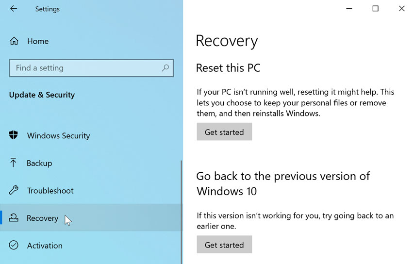 recovery options in Windows 10 recovery options in Windows 10