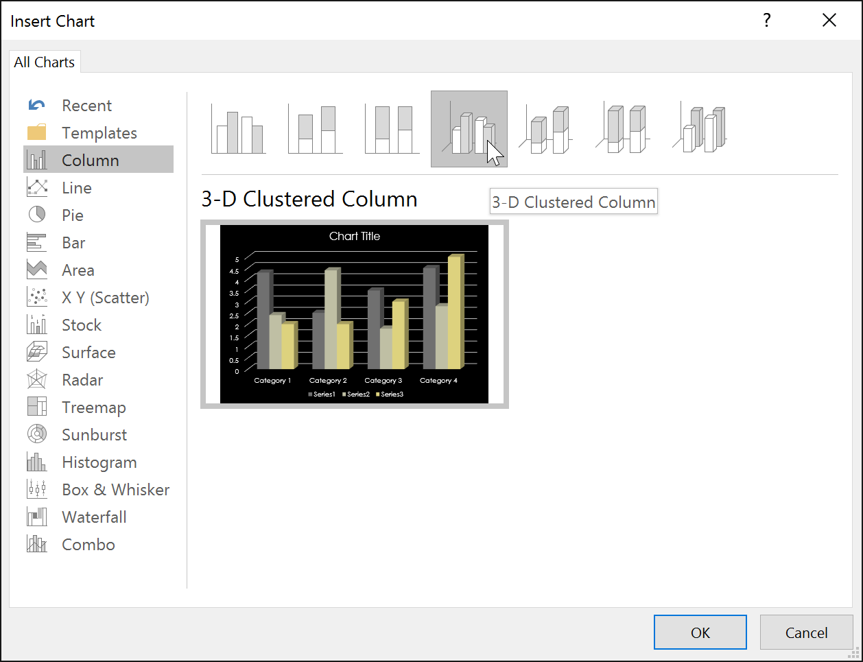 selecting a column chart selecting a column chart