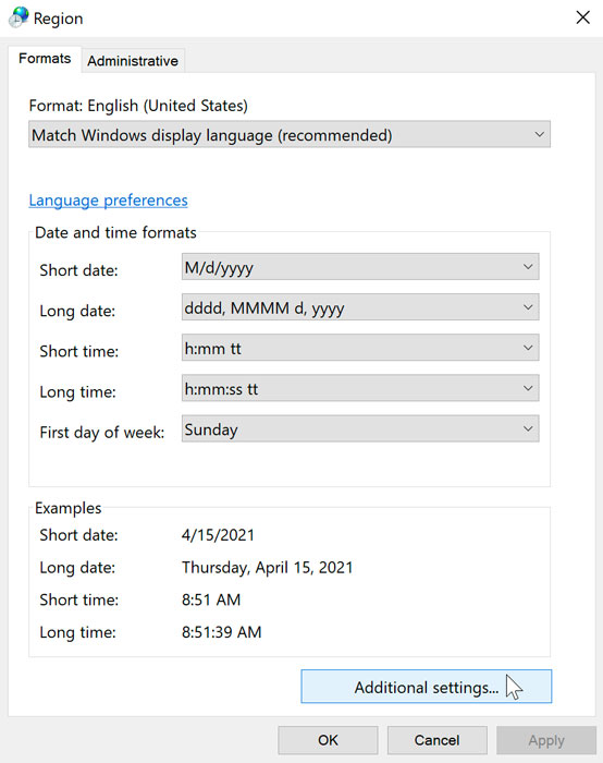 opening additional settings from the Region dialog box