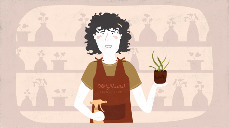 happy florist holding a plant and a spray bottle happy florist holding a plant and a spray bottle