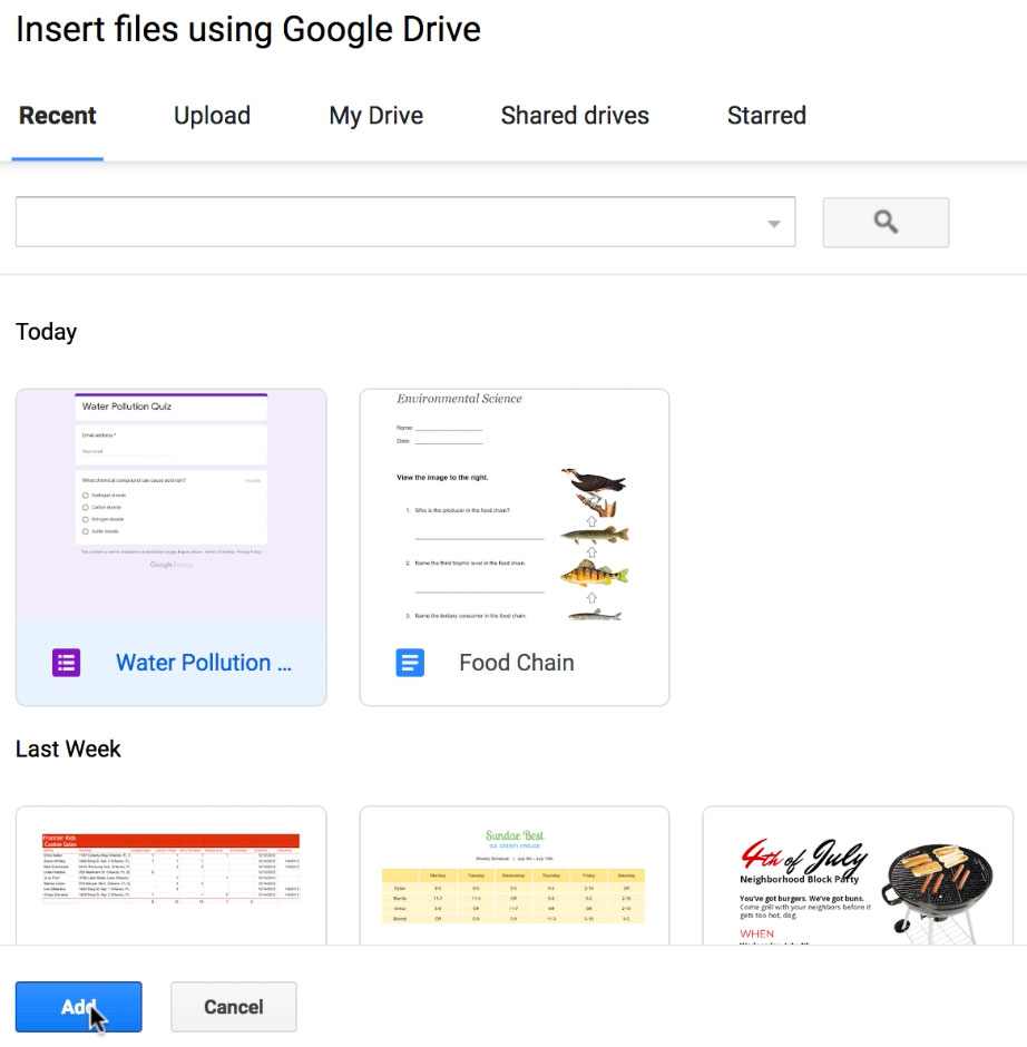 clicking the Add button to add a quiz