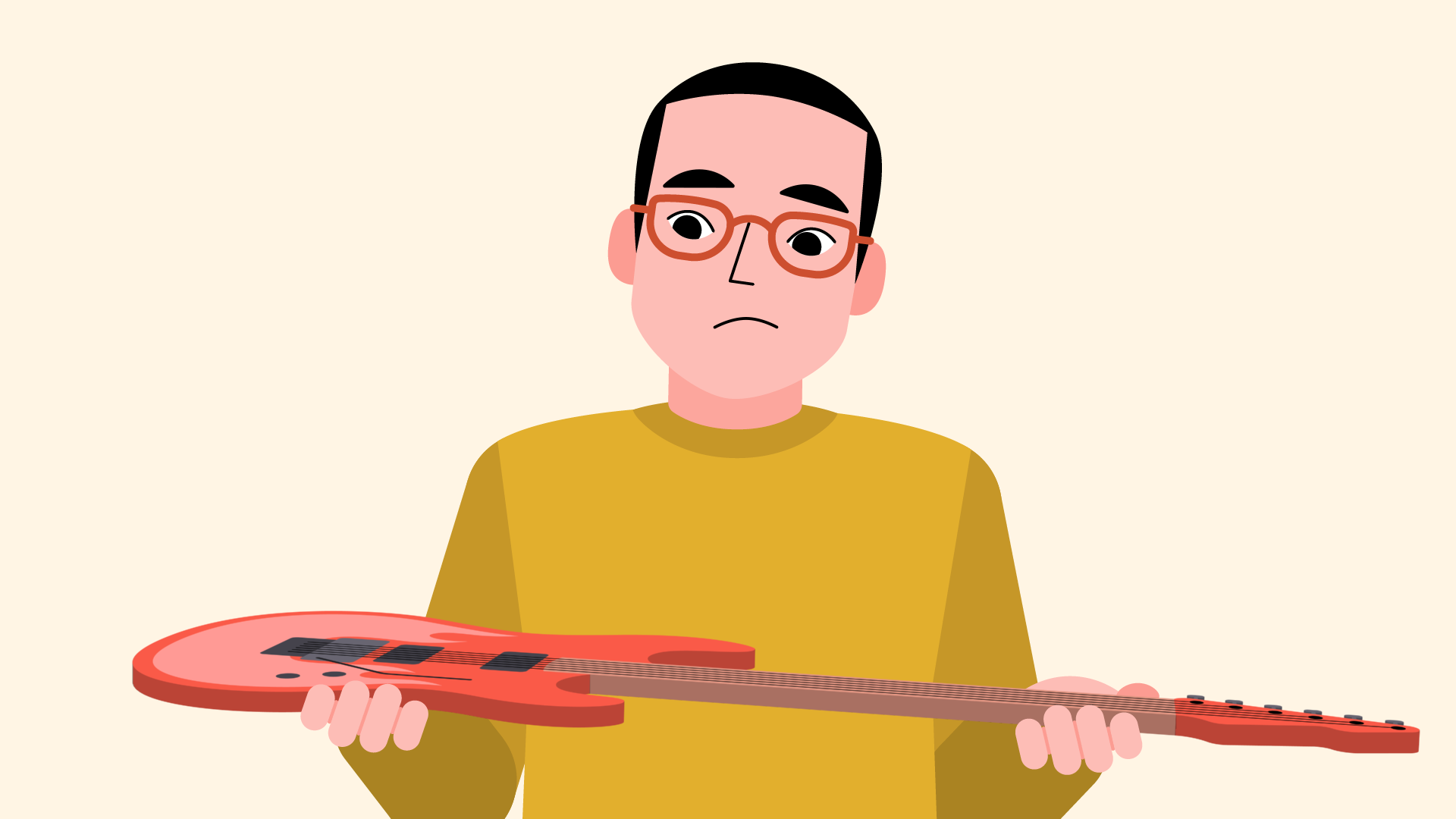 man looking skeptically at guitar man looking skeptically at guitar