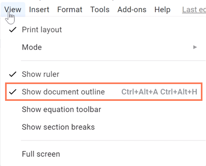 turning on document outline in view menu turning on document outline in view menu