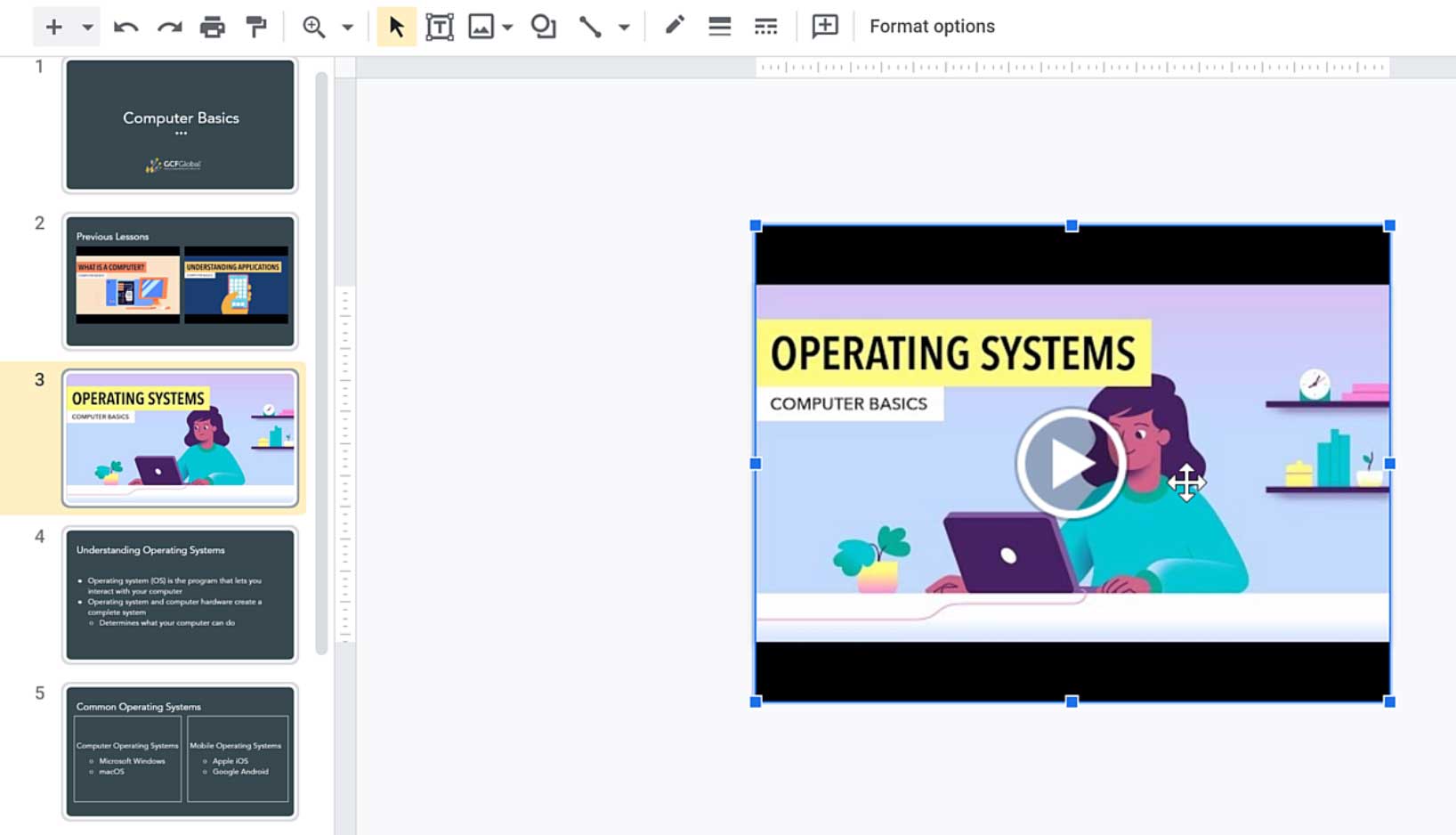 completing video resizing to slide